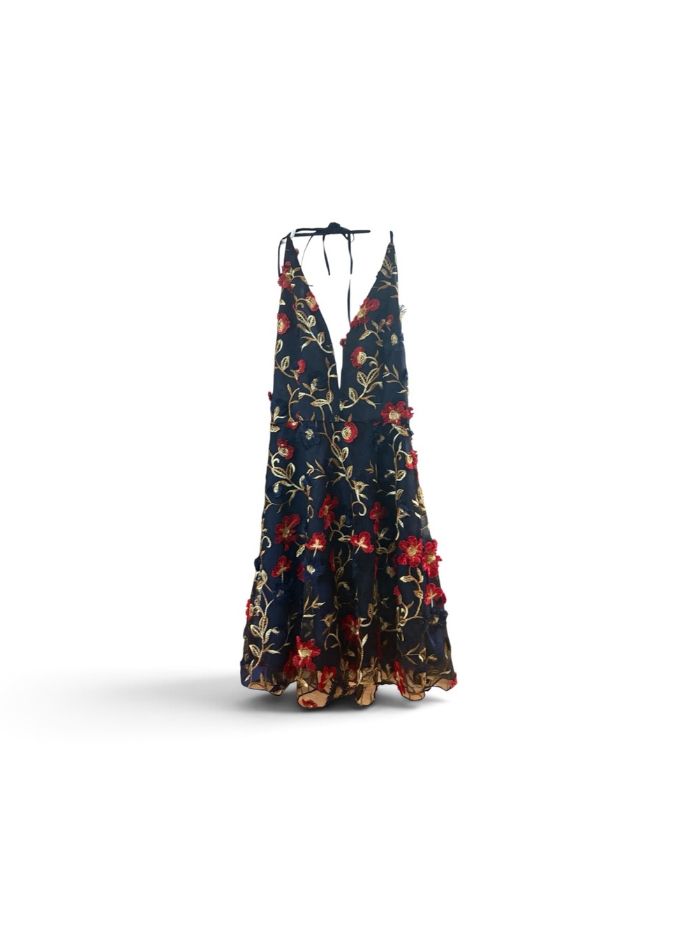 MINUET Petite Black Halter Mini Dress with Red Floral & Gold Embroidery - Picture 6 of 7